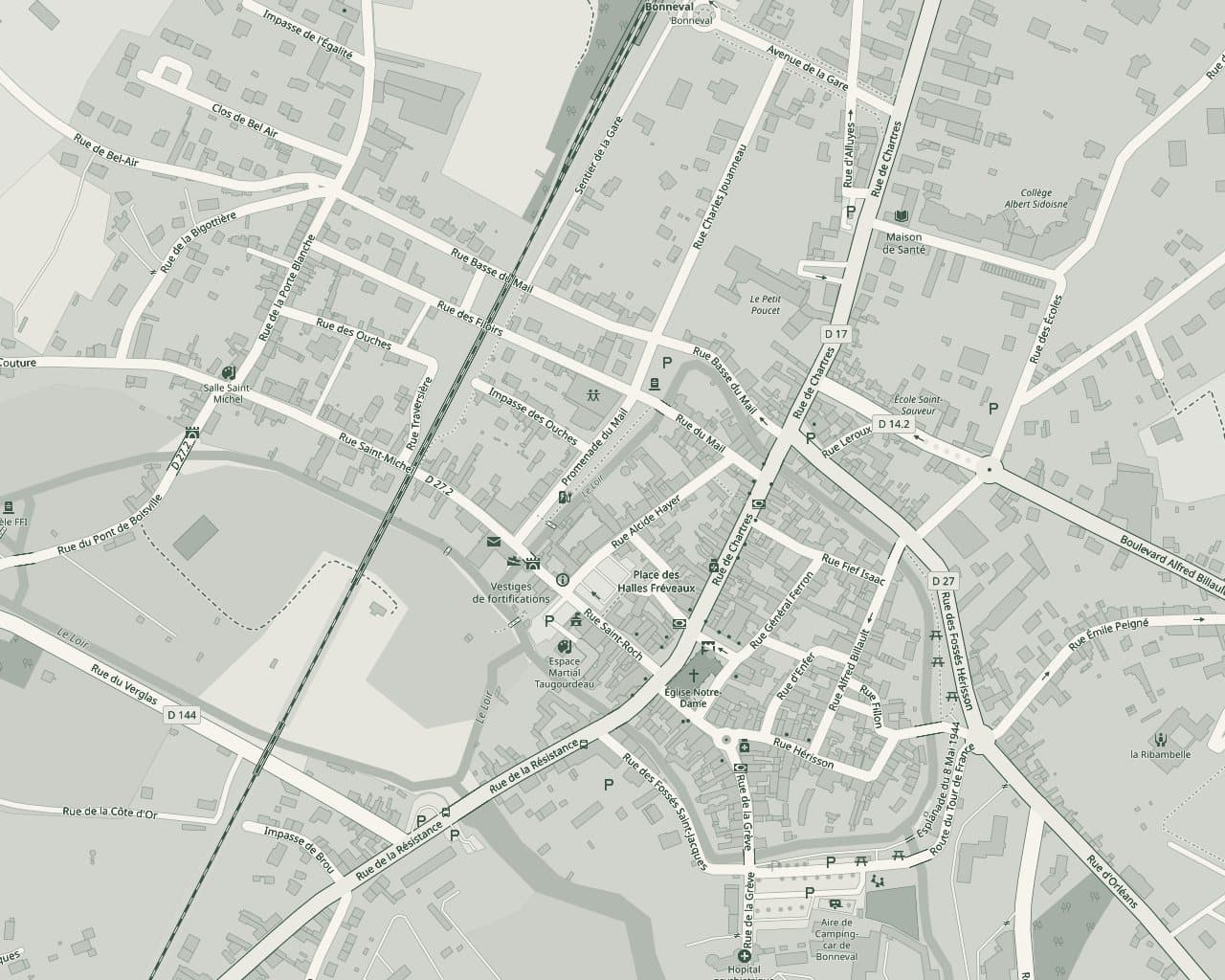 Plan du centre-ville de Bonneval situant le cabinet au 21 rue de Chartres, 28800 Bonneval